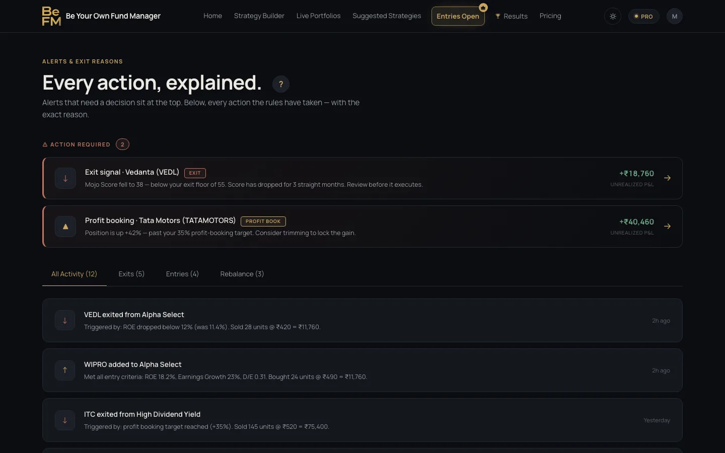 Alerts, with the reason for each action