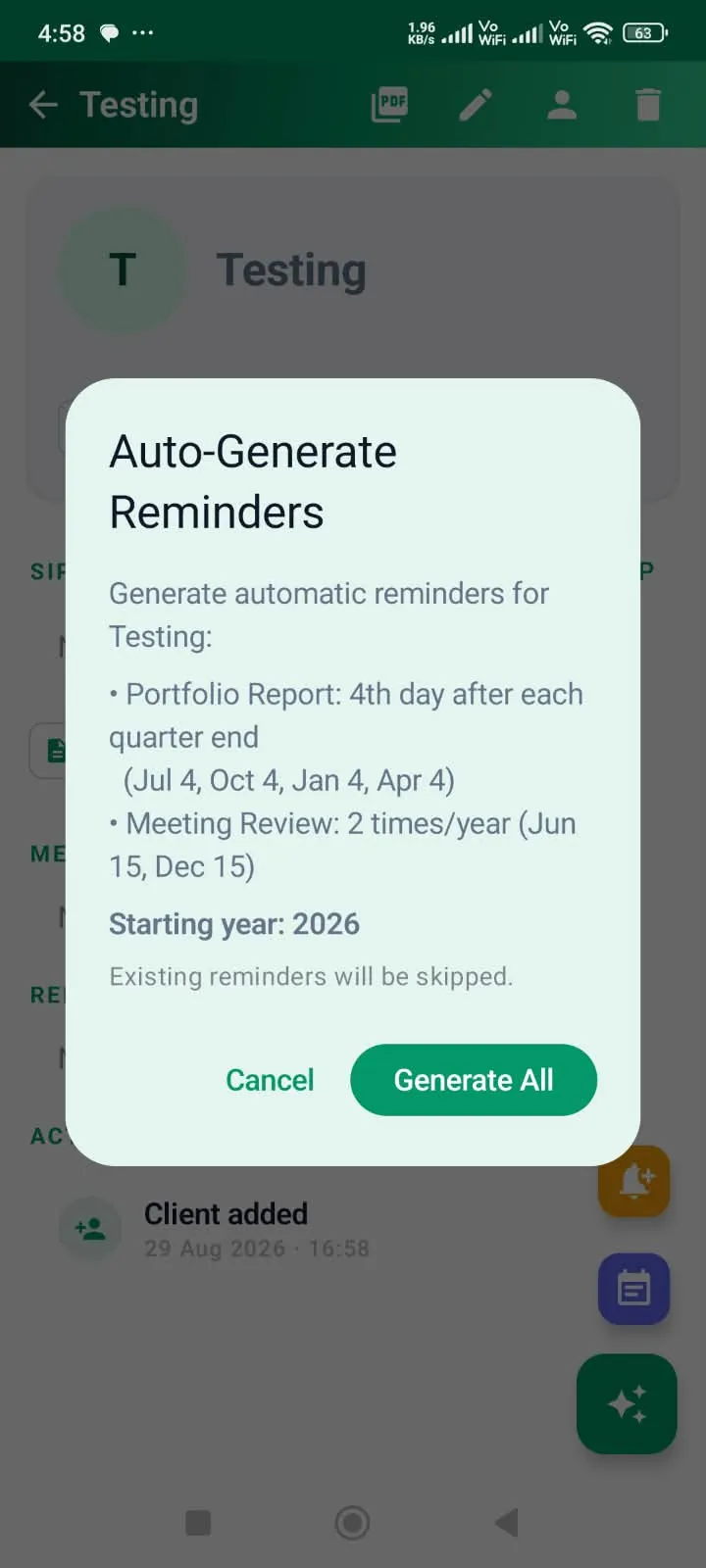 Auto-generate reminders dialog