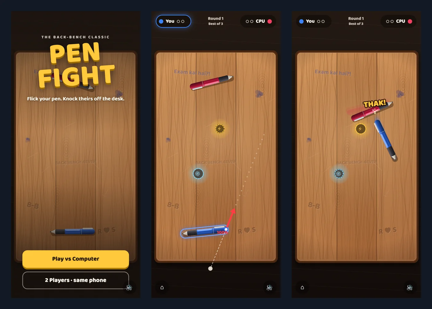 The HTML prototype: menu, aiming with the dotted line, and the first hit