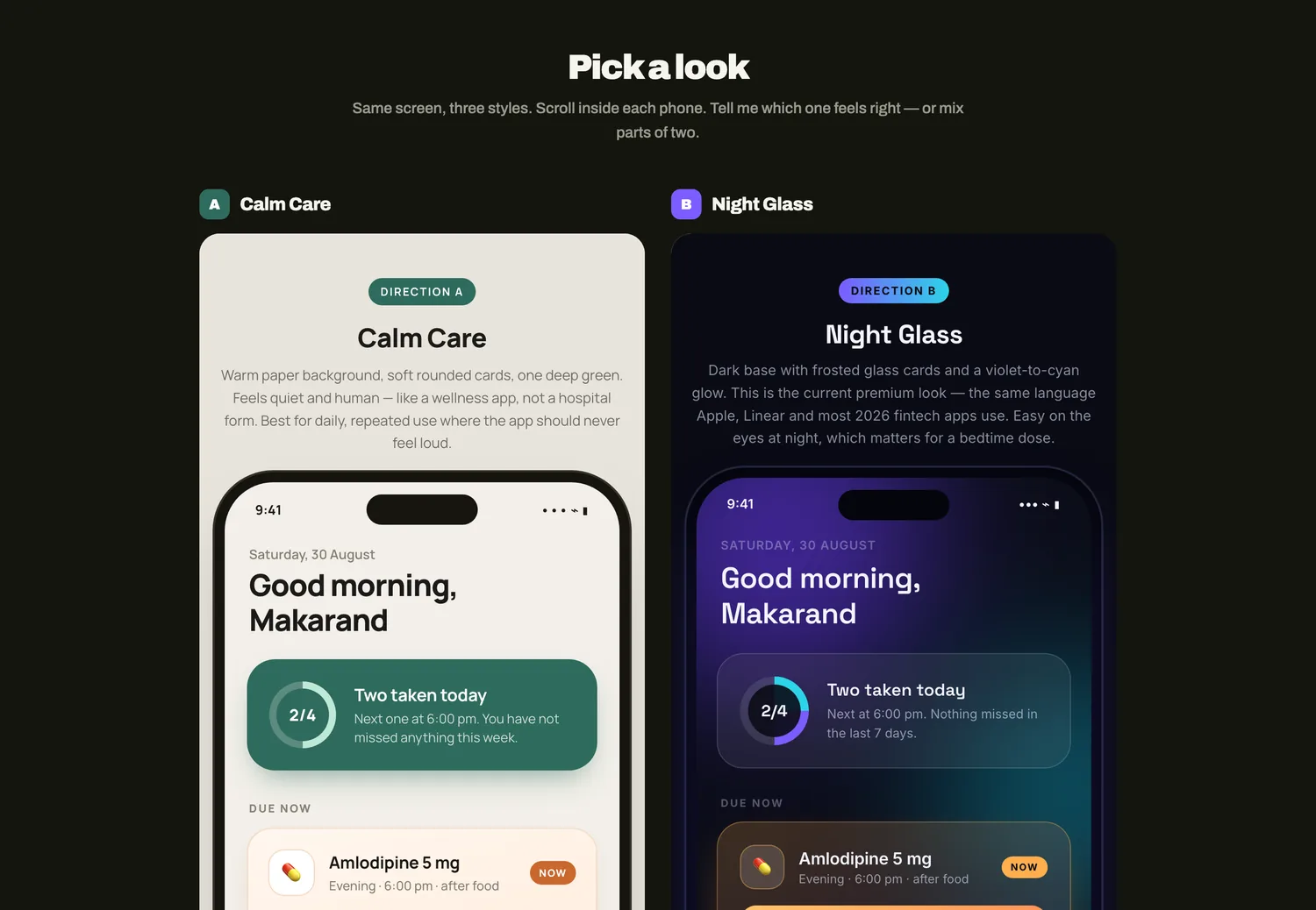 Same screen, three styles, side by side
