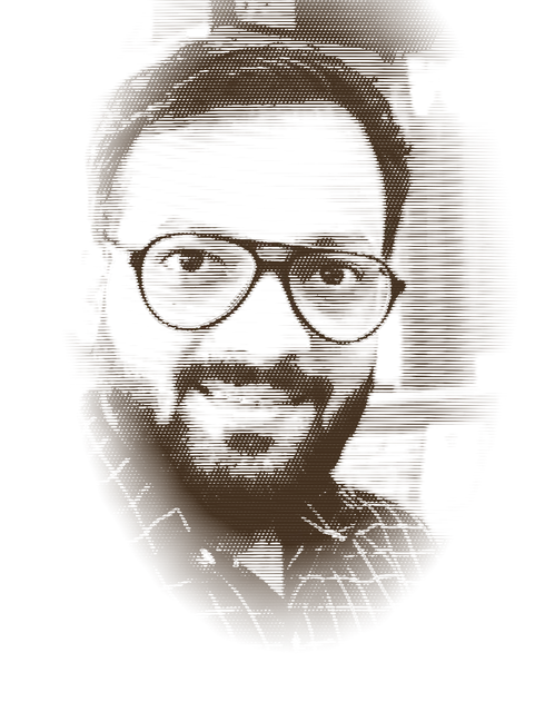 Makarand Rajapkar, drawn as an ink engraving