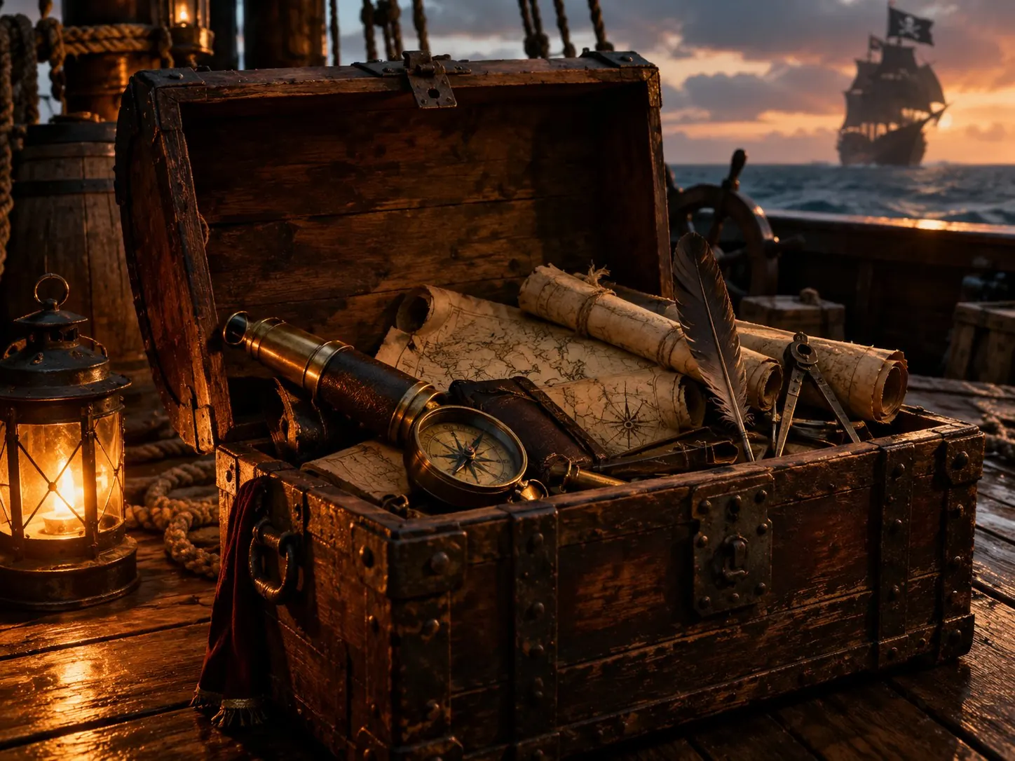 An open sea chest with a spyglass, compass, maps and a quill