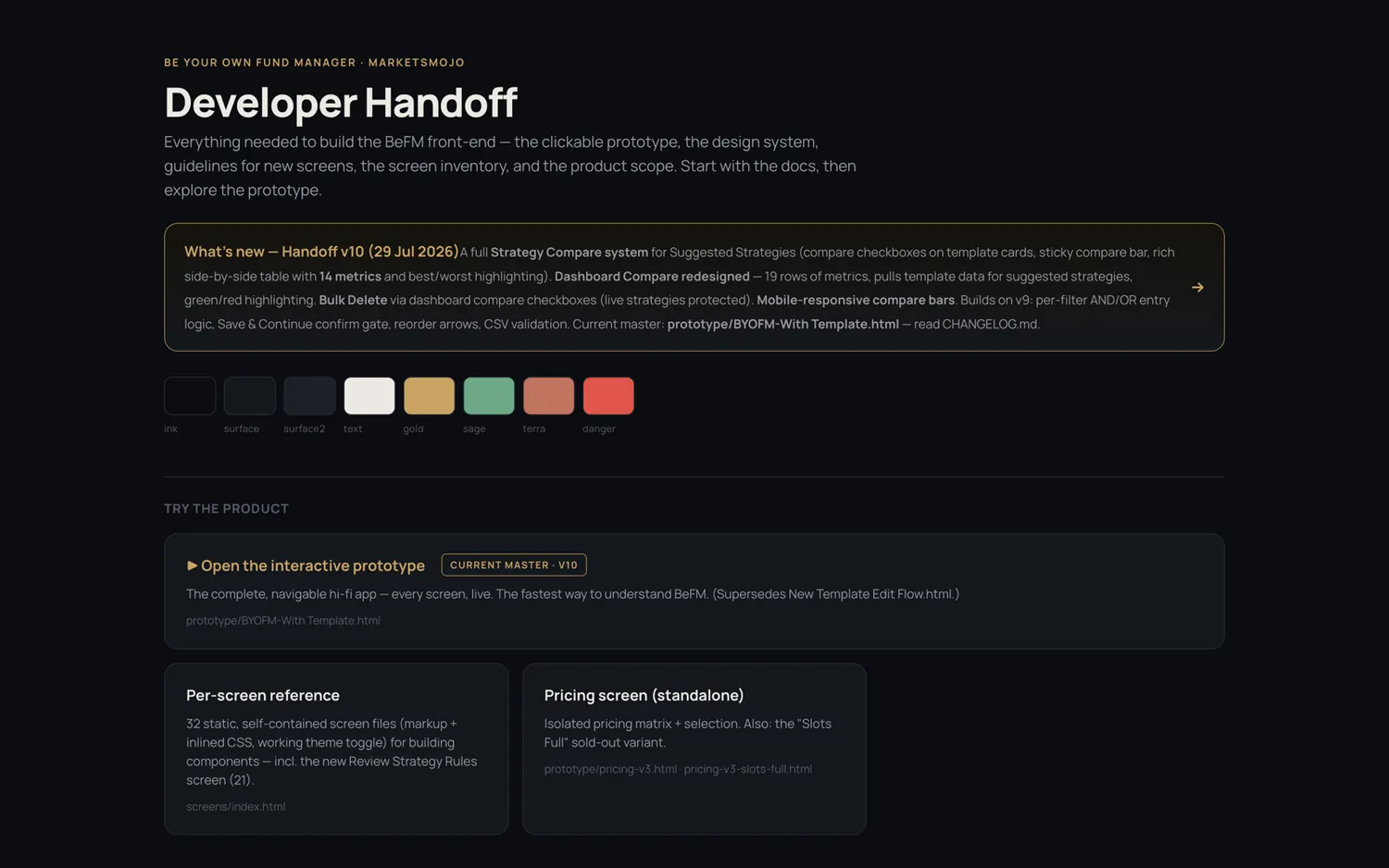 The developer handoff package — token swatches, changelog and per-screen reference
