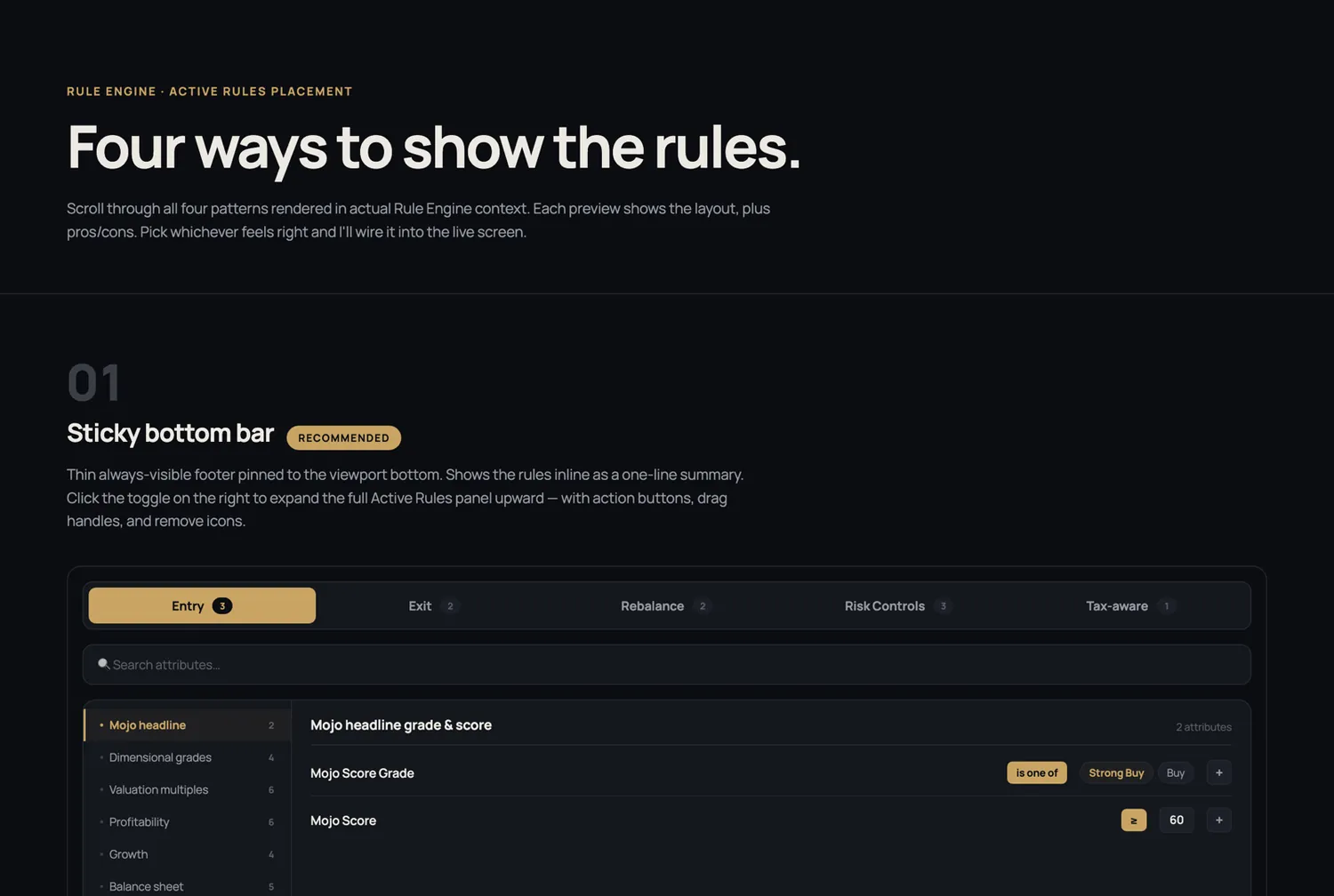 Round 2 — four layout options for placing the active rules, each rendered in real context