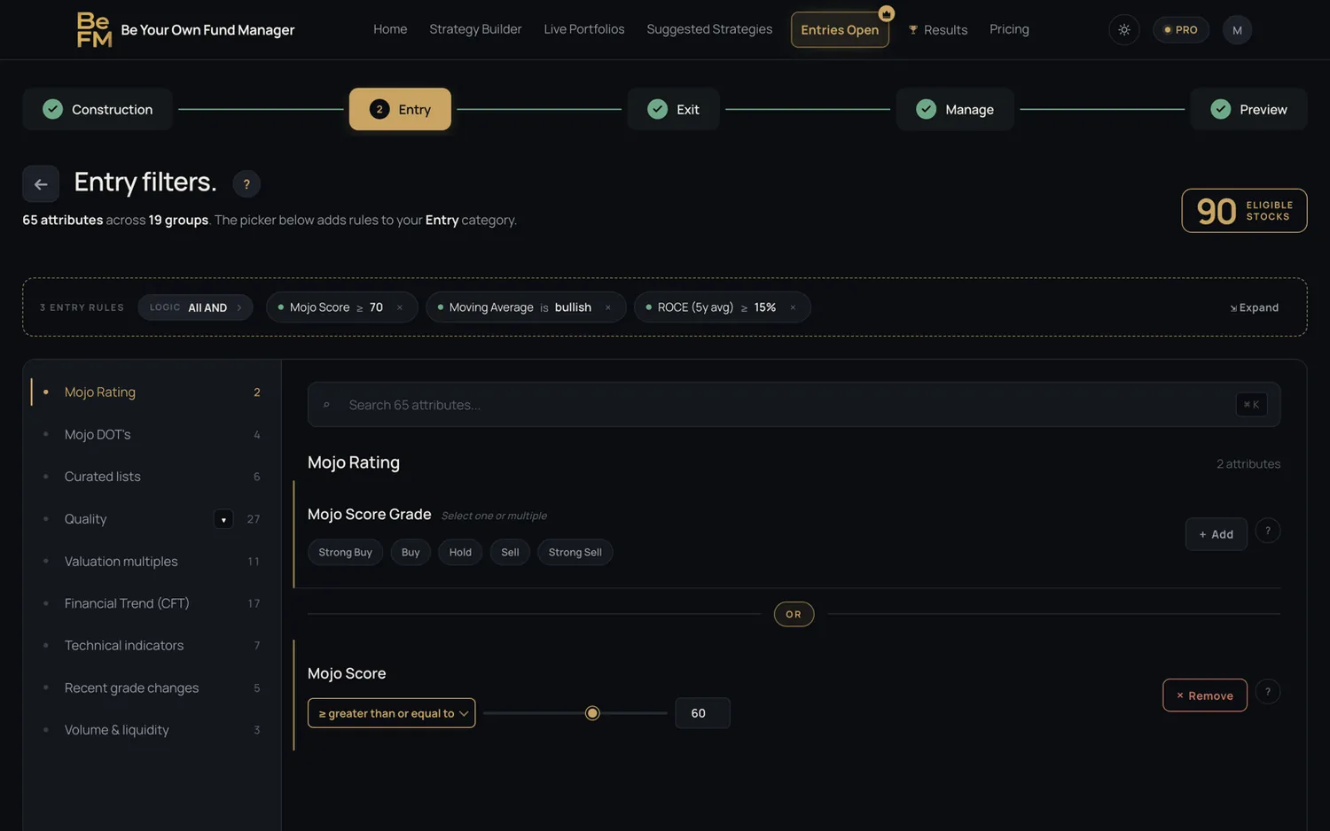 Round 3 — the shipped Entry filters screen with a five-step tracker, active rule chips and a live eligible-stock count