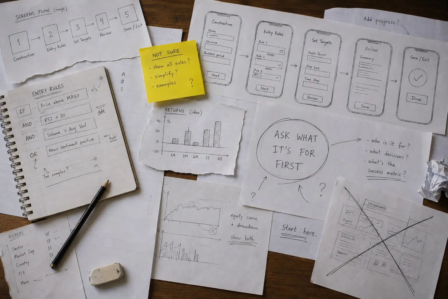 Early working sketches — screen flow, entry rules, filters, chart ideas and open questions