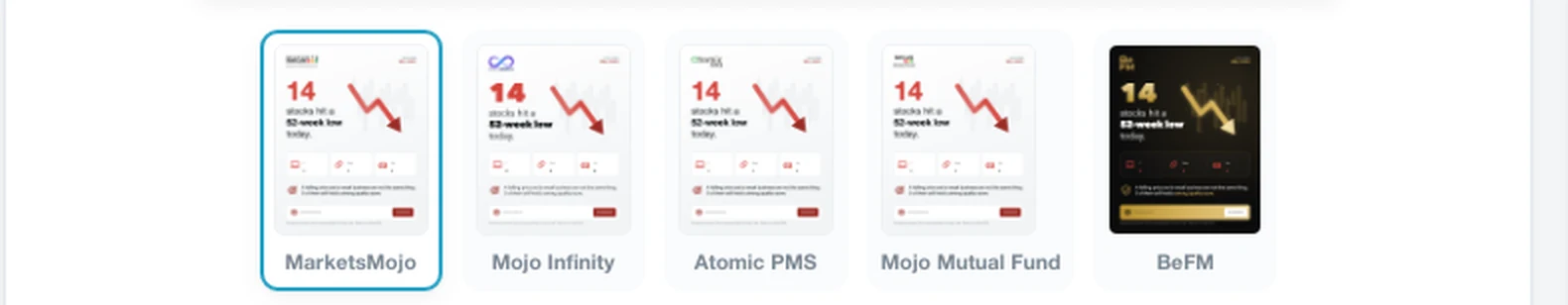 A row of five brand thumbnails under the preview, letting the writer switch which brand is shown before downloading all five.